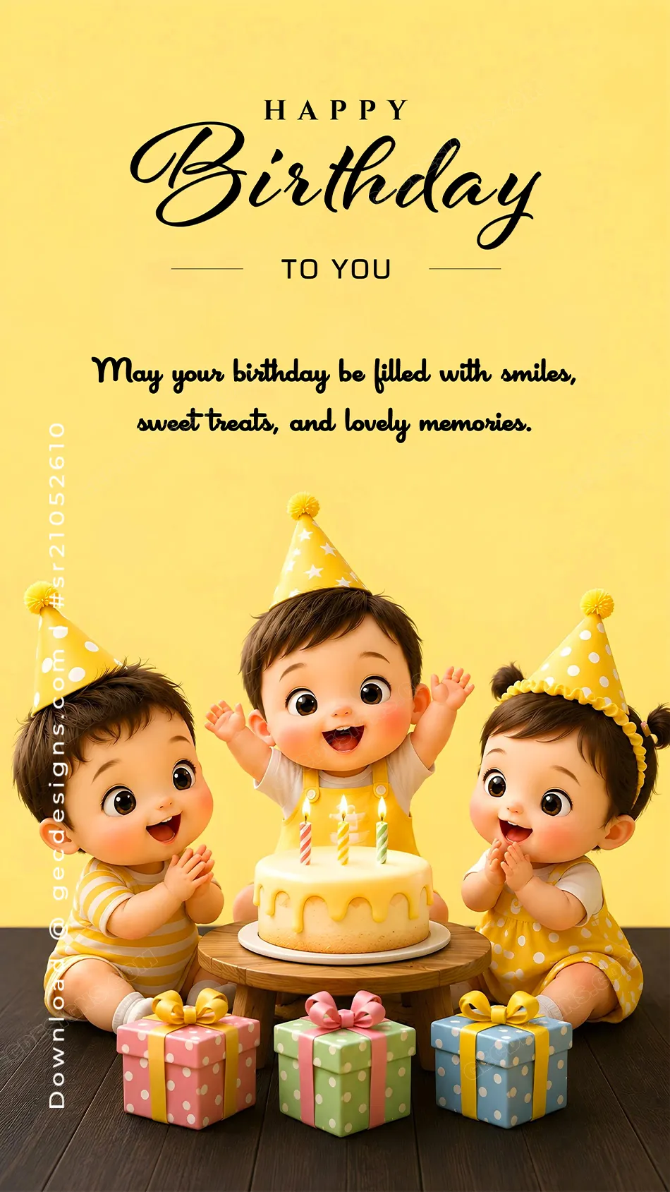 Cute kids happy birthday image with cake and gifts