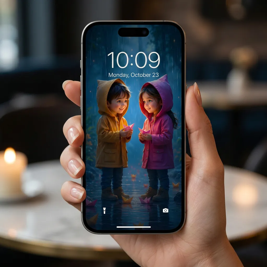 Cute kids iPhone wallpaper with rainy night scene mockup one