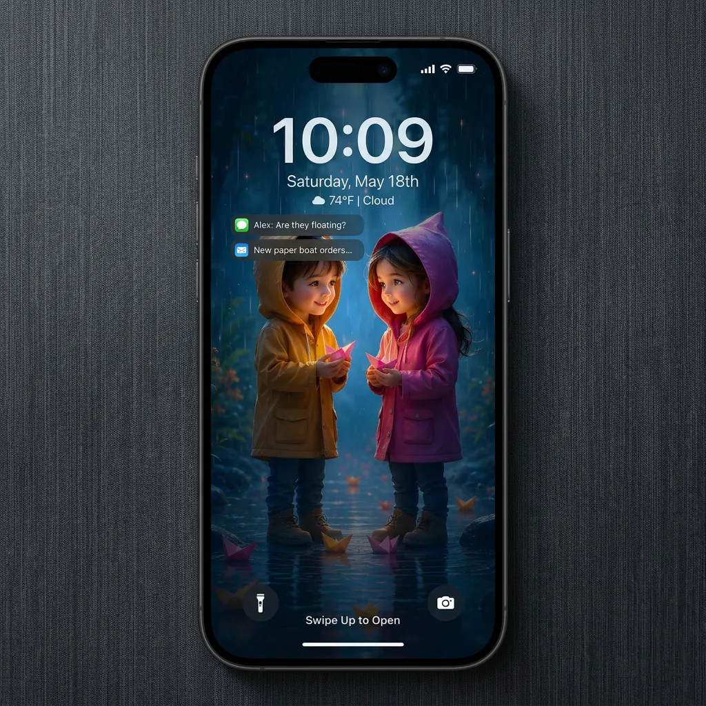 Cute kids iPhone wallpaper with rainy night scene mockup two