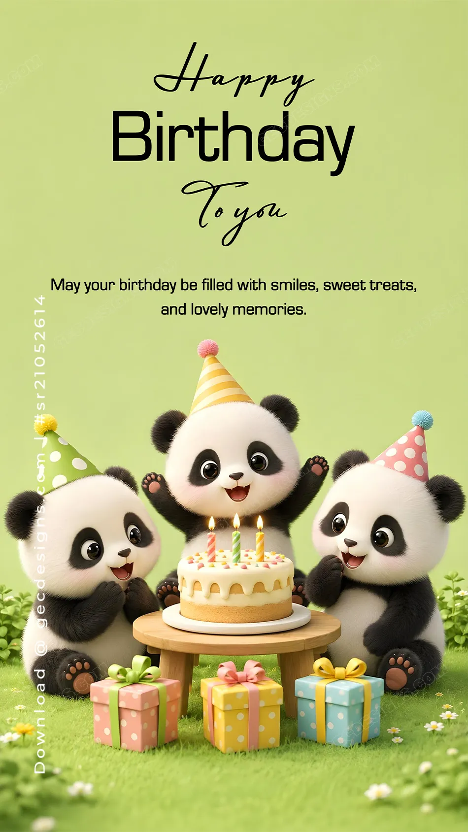 Cute panda happy birthday image with cake and gifts