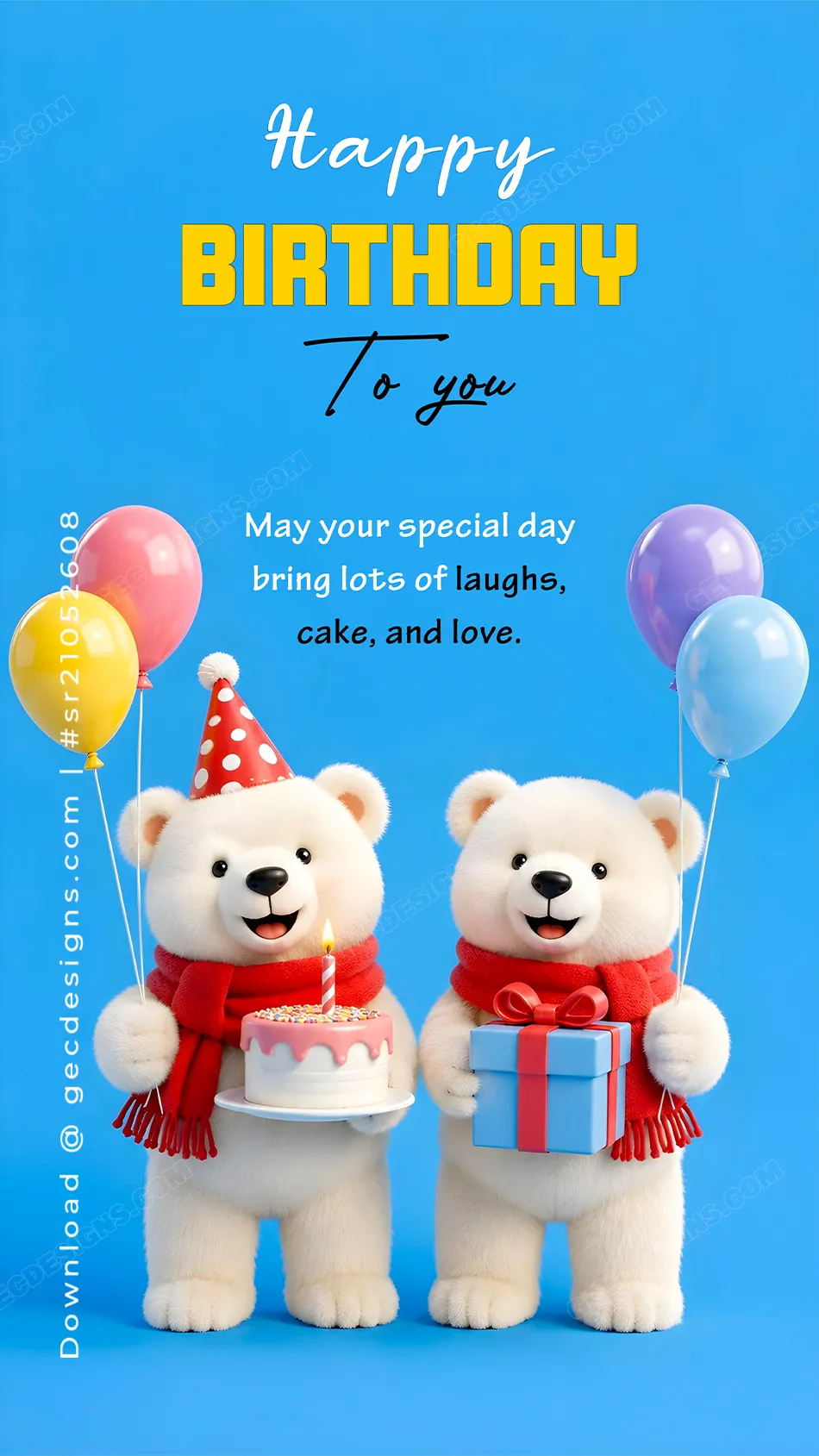 Cute polar bear happy birthday image with cake and balloons