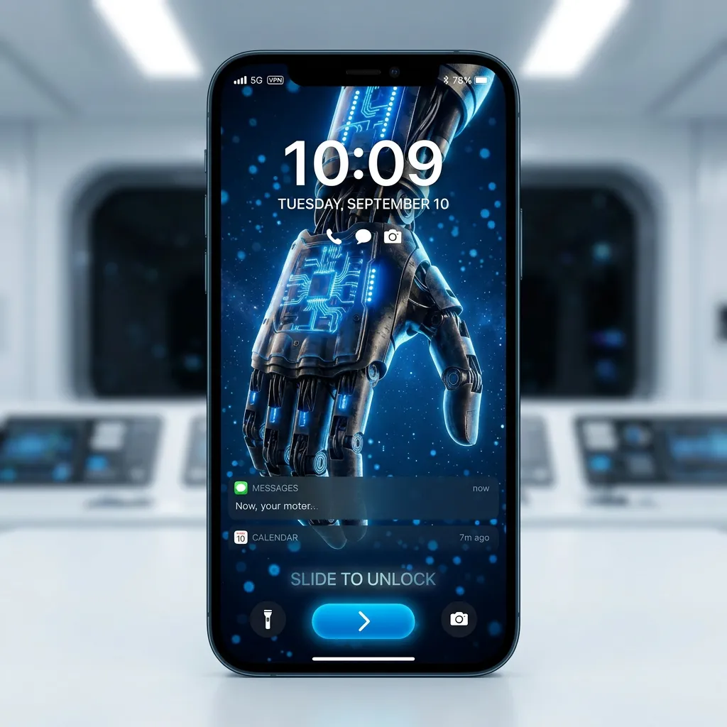 Cyberpunk ai hand iPhone wallpaper with detailed mechanical design and digital glow mockup two