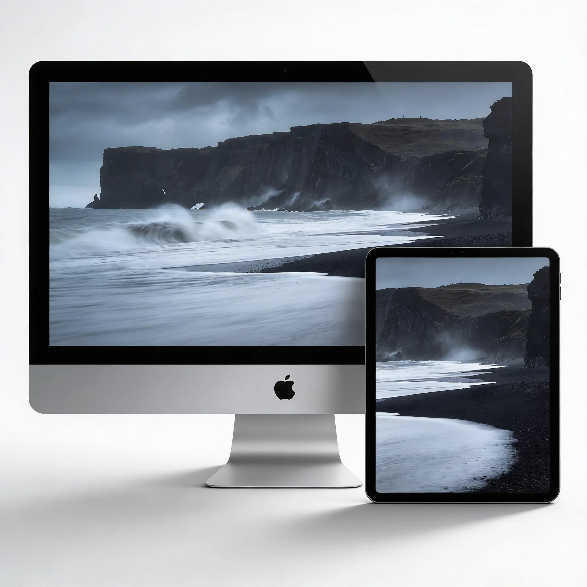 Dark Coastal Nature Desktop Wallpaper With Stormy Sea And Black Sand Beach Sr24022602 Mockup One