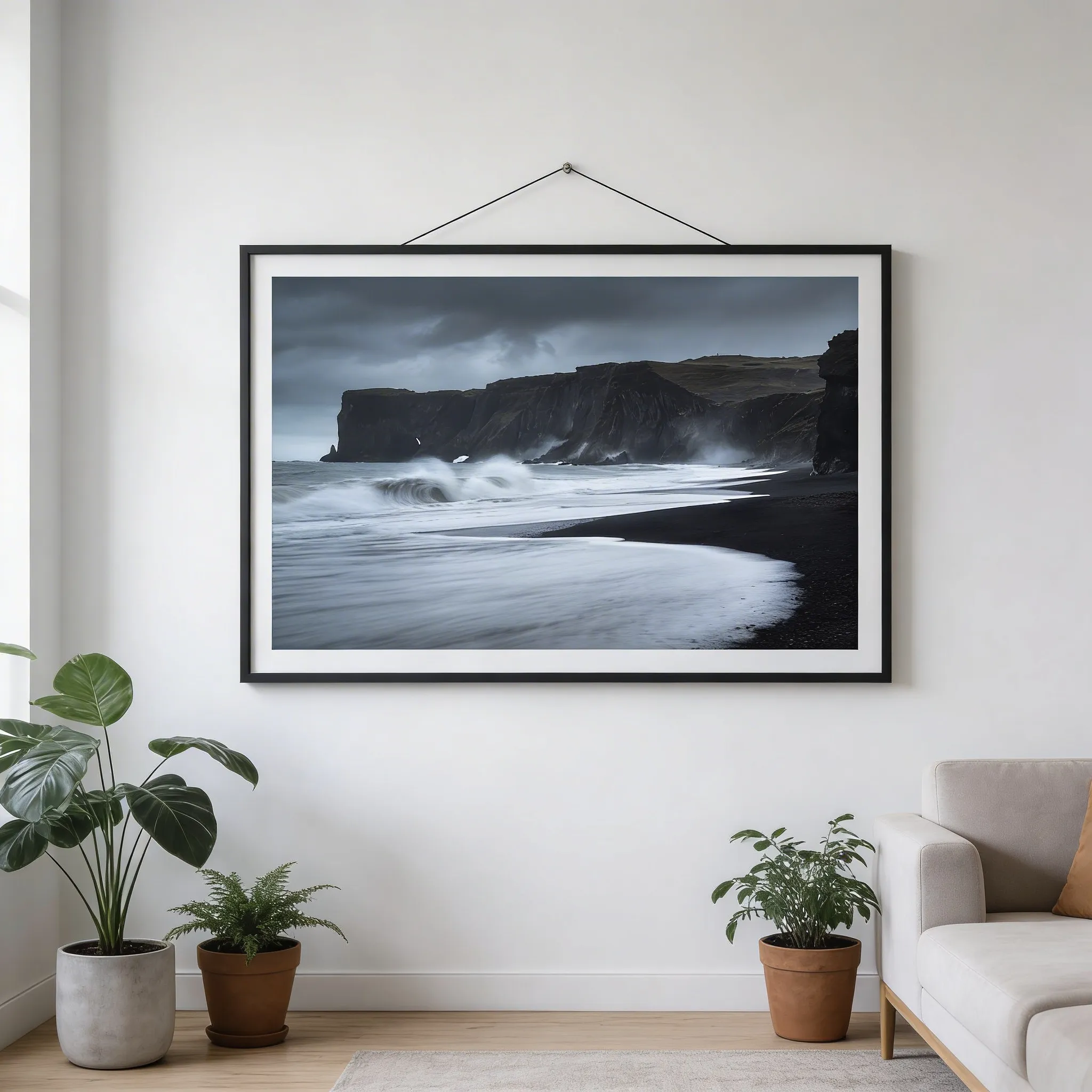 Dark Coastal Nature Desktop Wallpaper With Stormy Sea And Black Sand Beach Sr24022602 Mockup Two
