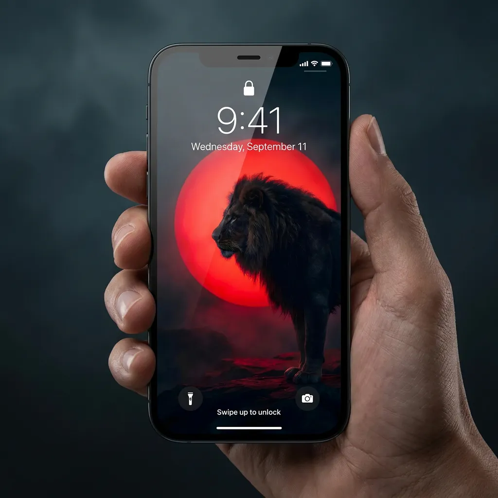 Dark lion iPhone wallpaper with red sun background mockup one
