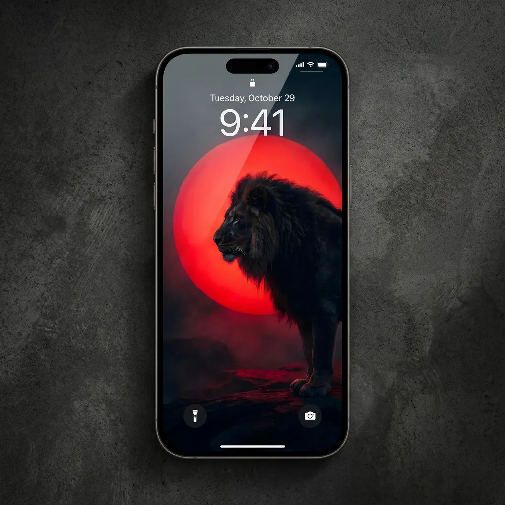 Dark lion iPhone wallpaper with red sun background mockup two