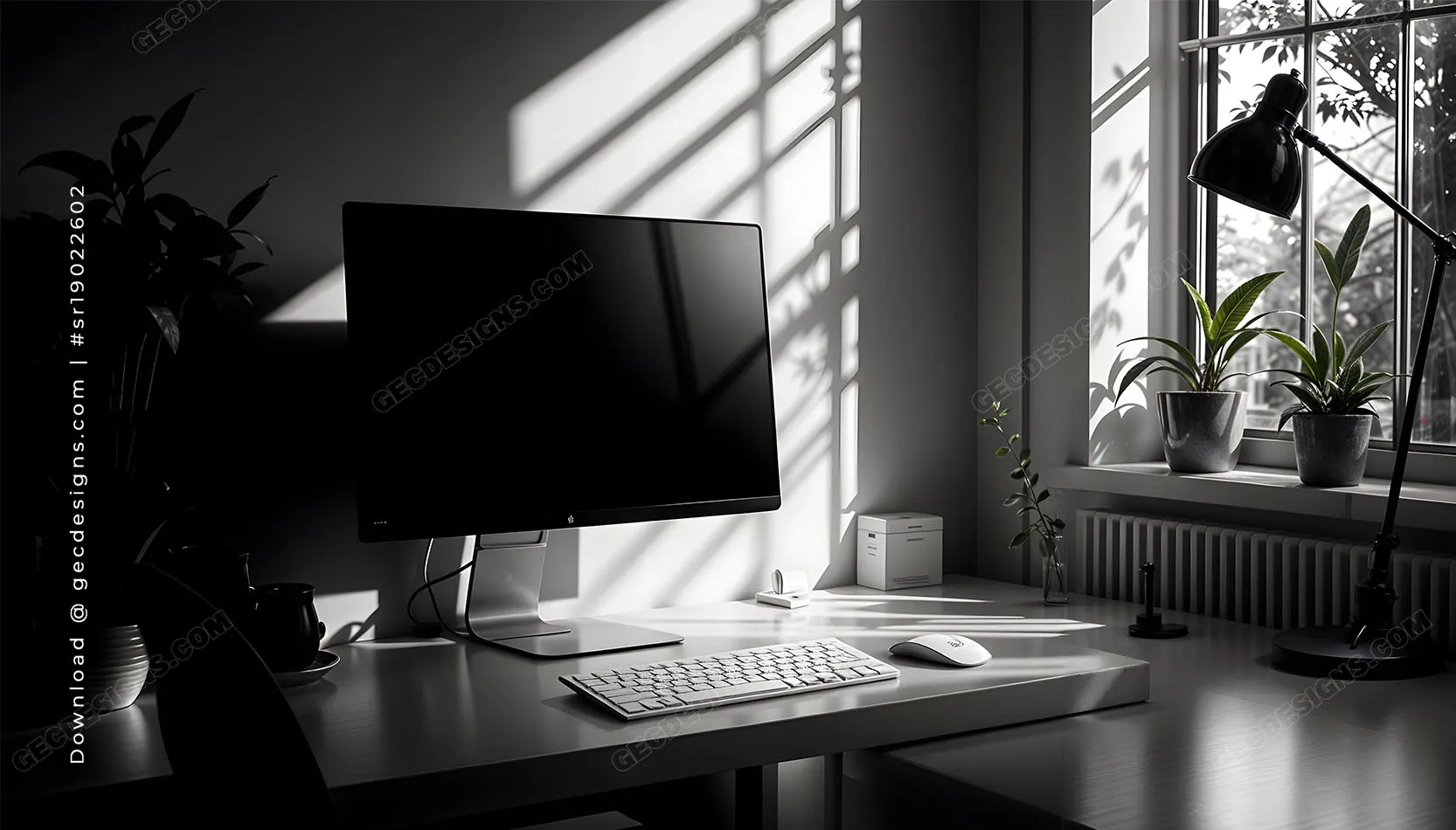 Dark Minimal Office Desktop Wallpaper with Dramatic Window Shadows