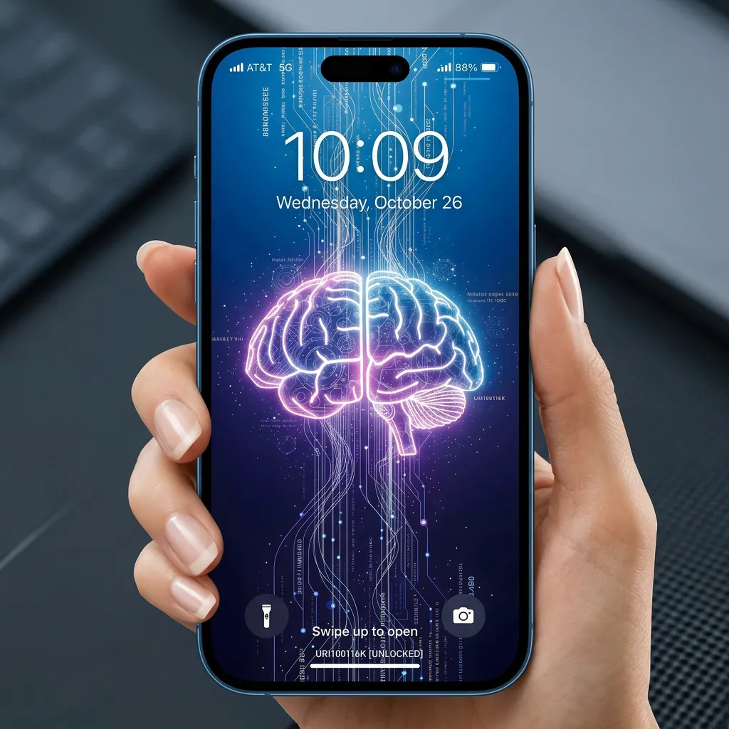 Digital brain iPhone wallpaper with futuristic data flow and neural network design mockup two