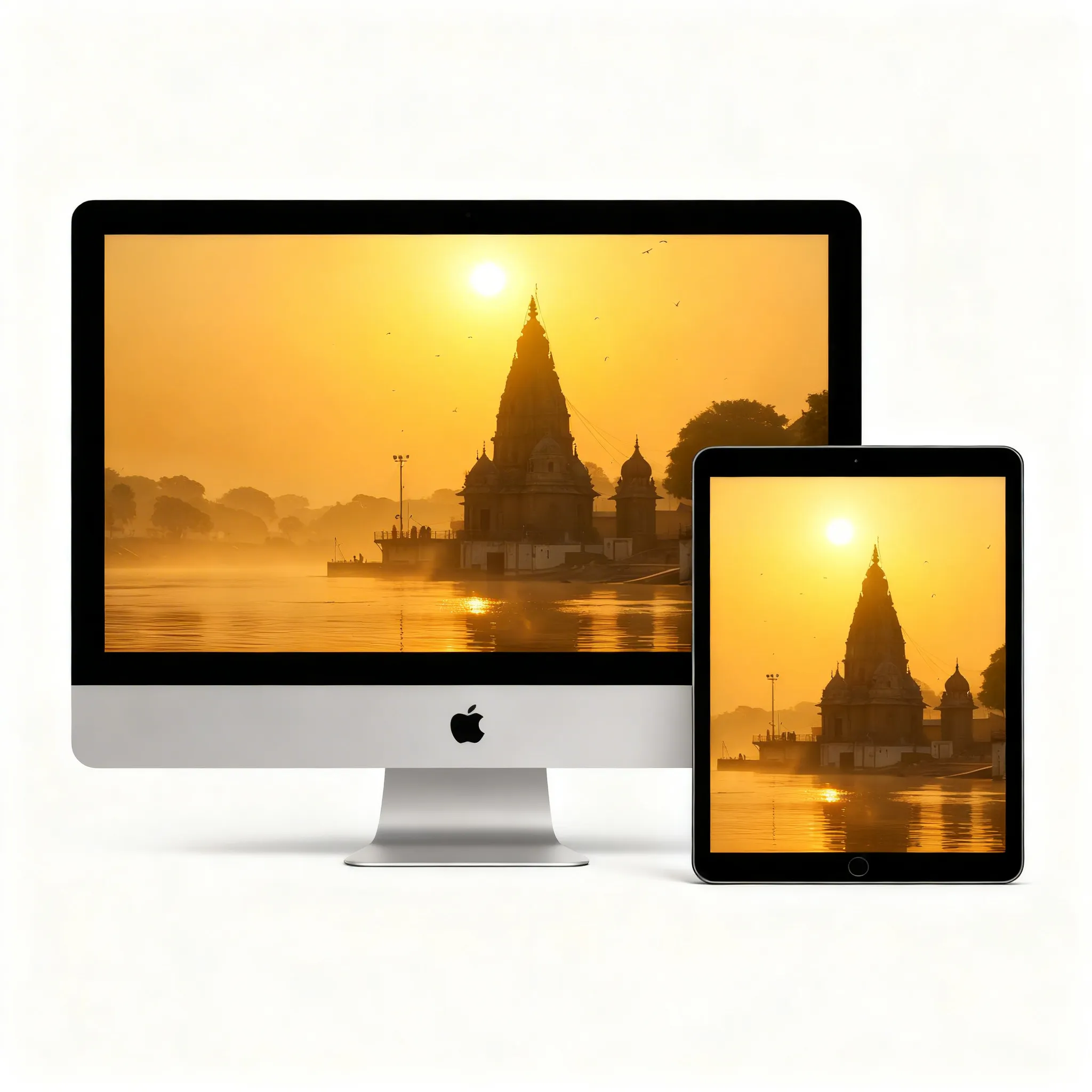 Divine Morning Scene With Temple Silhouette And Golden Sunrise River Wallpaper Sr06032616 Mockup One