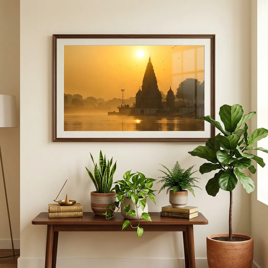Divine Morning Scene With Temple Silhouette And Golden Sunrise River Wallpaper Sr06032616 Mockup Two