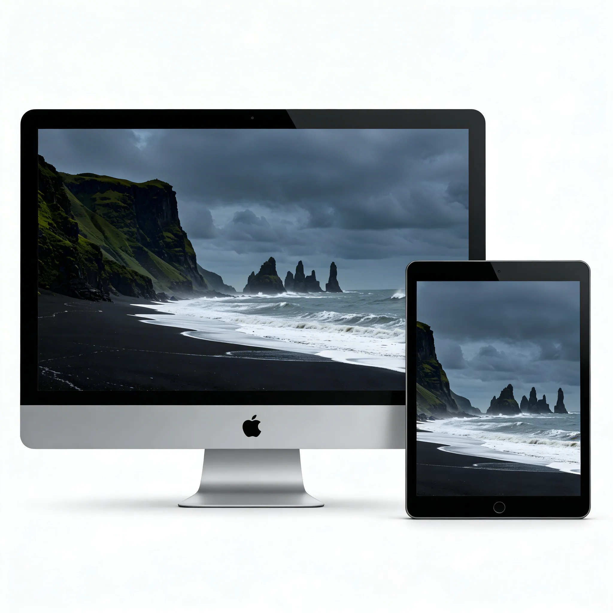 Dramatic Black Sand Beach Nature Wallpaper With Towering Sea Stacks And Stormy Ocean Waves Sr24022621 Mockup One