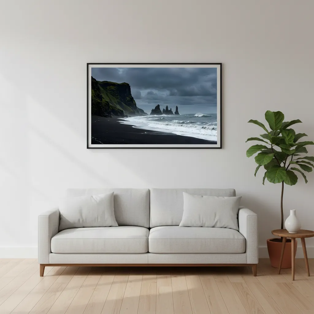 Dramatic Black Sand Beach Nature Wallpaper With Towering Sea Stacks And Stormy Ocean Waves Sr24022621 Mockup Two