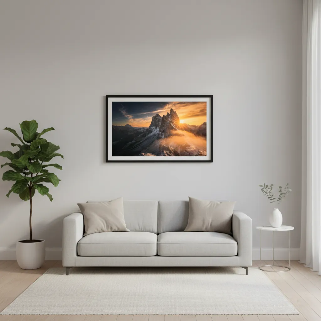 Dramatic Mountain Peak Sunset Desktop Wallpaper With Golden Light And Snowy Cliffs Sr24022614 Mockup Two