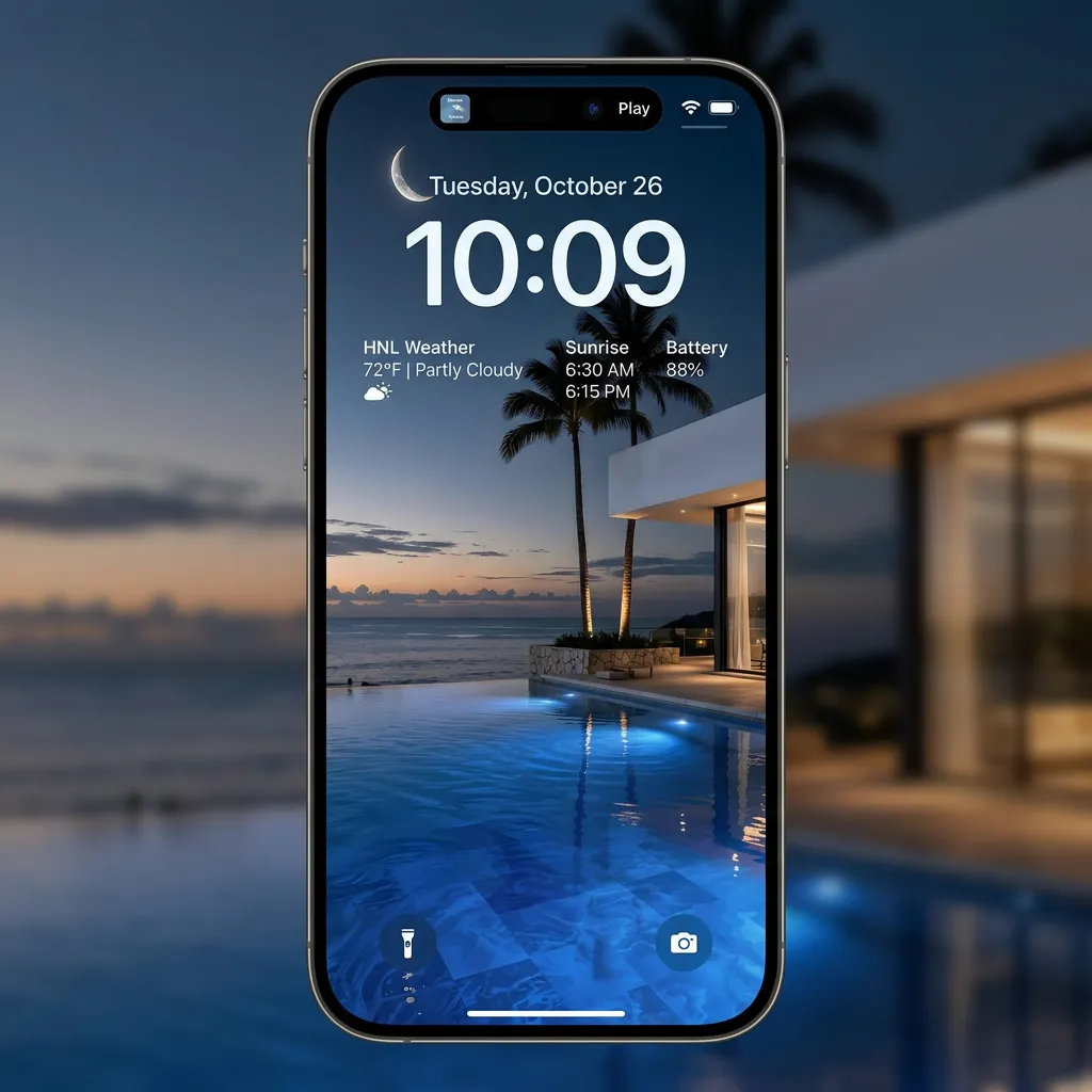 Elegant beachside luxury iPhone wallpaper with modern house and calm ocean scene mockup one