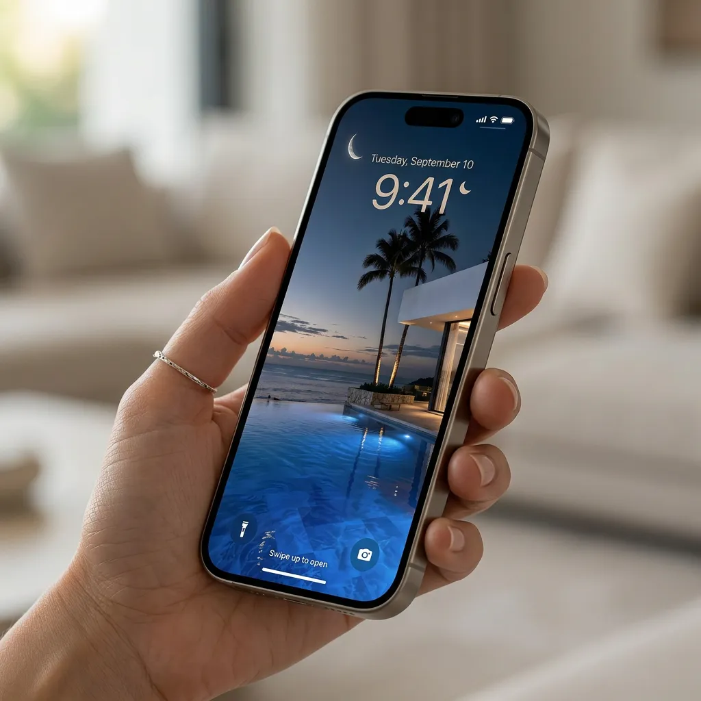 Elegant beachside luxury iPhone wallpaper with modern house and calm ocean scene mockup two
