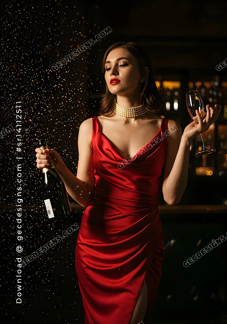 Elegant Party Girl in Red Satin Dress Opening Champagne with Sparkling Golden Confetti in a Dark Luxury Bar Setting