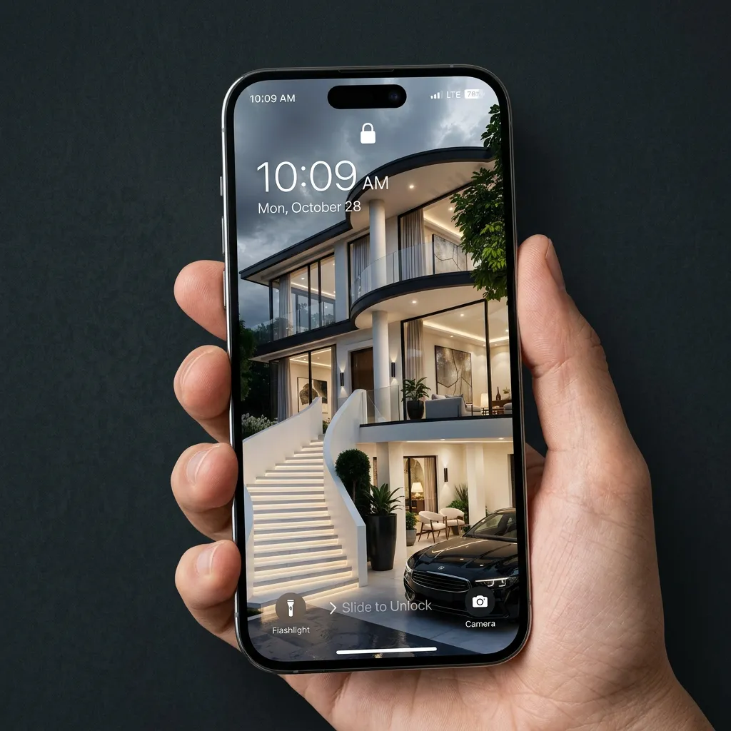 Elegant villa and car iPhone wallpaper with modern architecture and night lighting mockup one
