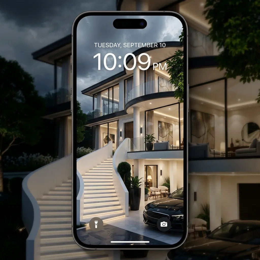 Elegant villa and car iPhone wallpaper with modern architecture and night lighting mockup two