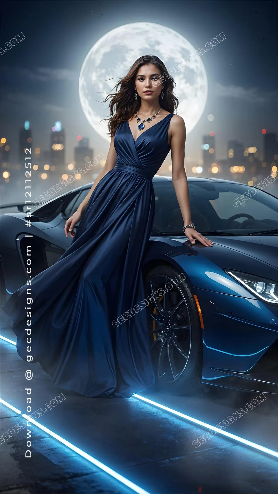 Elegant Woman in Blue Evening Gown Beside Luxury Sports Car Under Full Moon, Perfect Fashion and Lifestyle Image