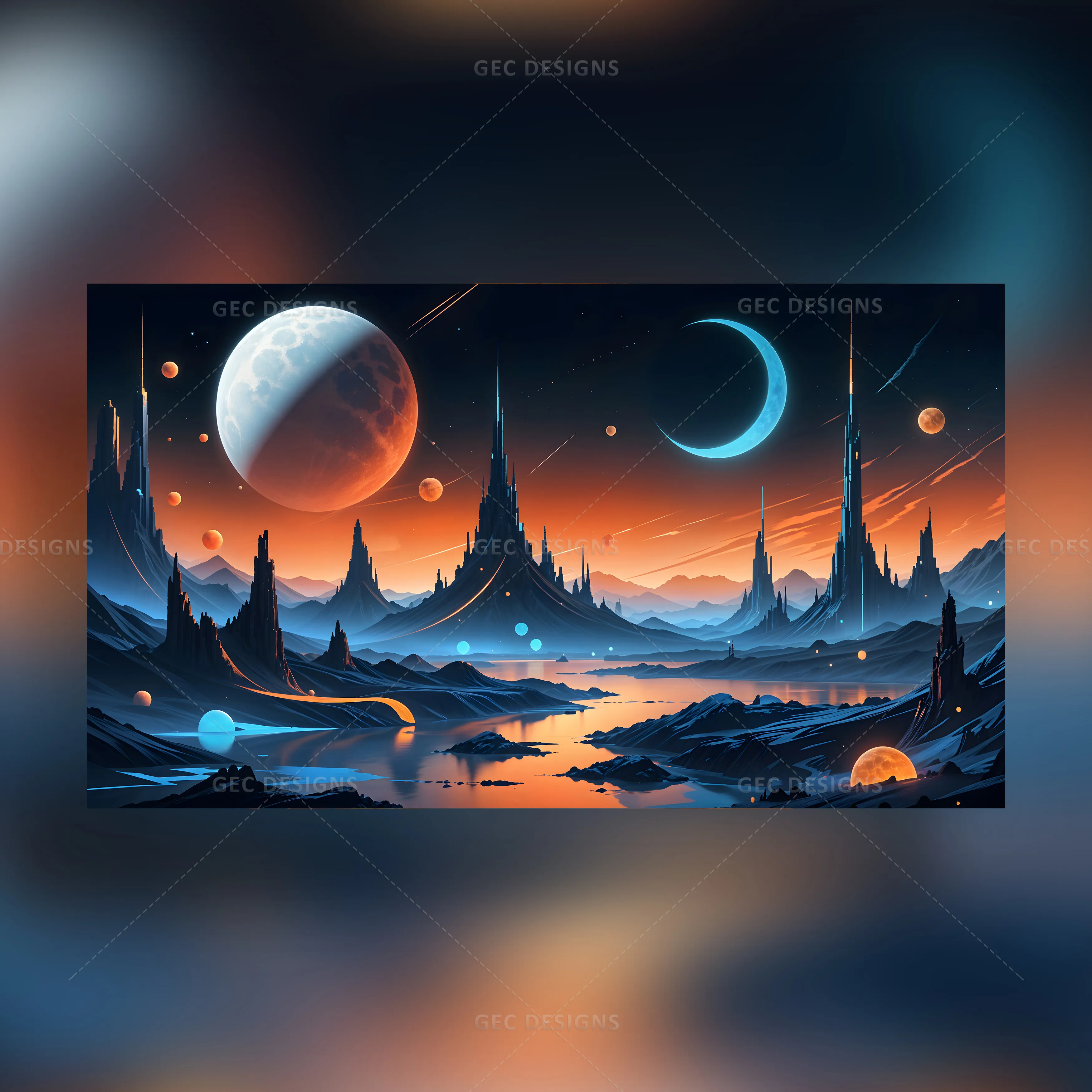 Fantasy Alien planet with mountains, buildings, and river, AI Generated ...