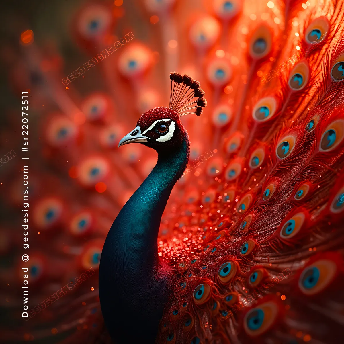 Fantasy Peacock Wallpaper with Glowing Red Feathers and Mystical Background