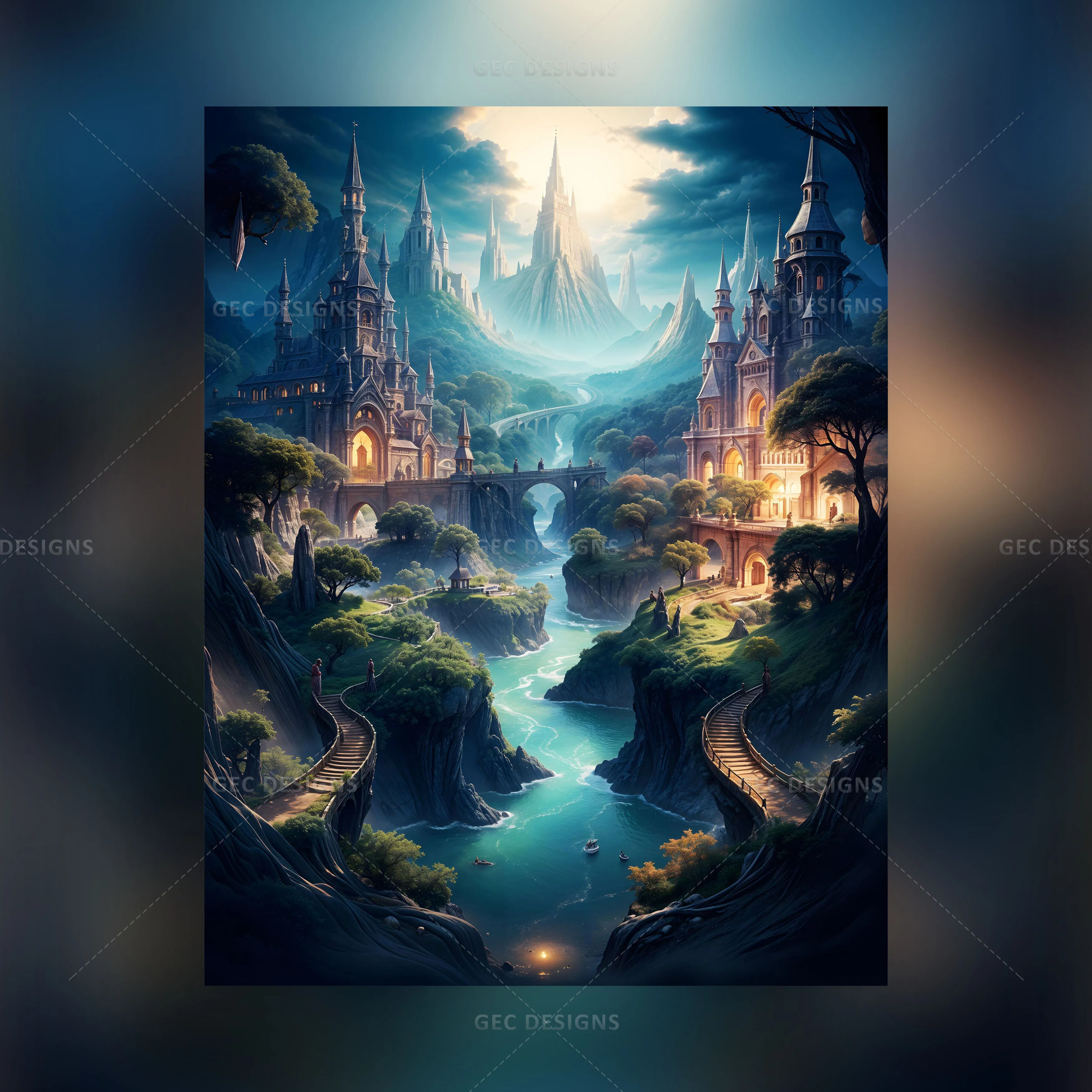 Fantasy world wallpaper with fairy castle in the mountain valley, river ...