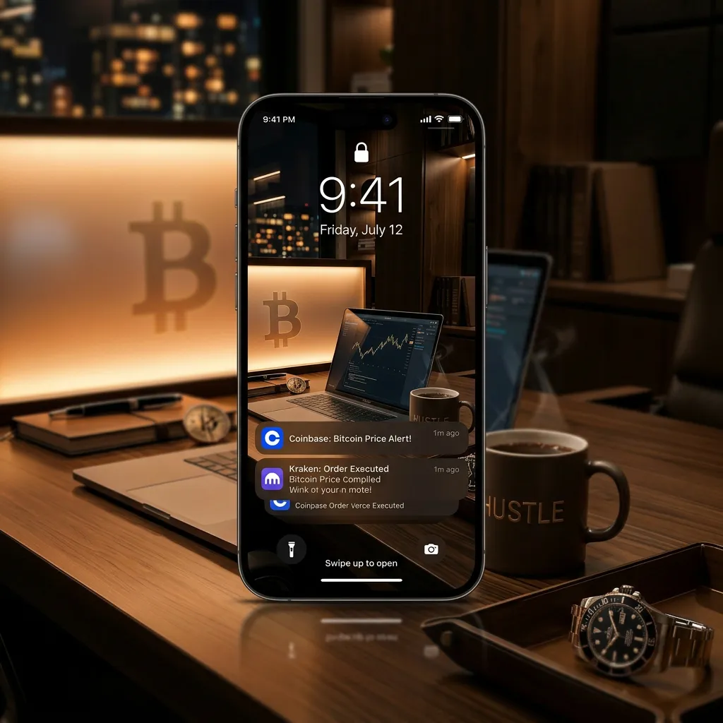 Finance iPhone wallpaper with bitcoin trading setup luxury desk workspace and night city view mockup one