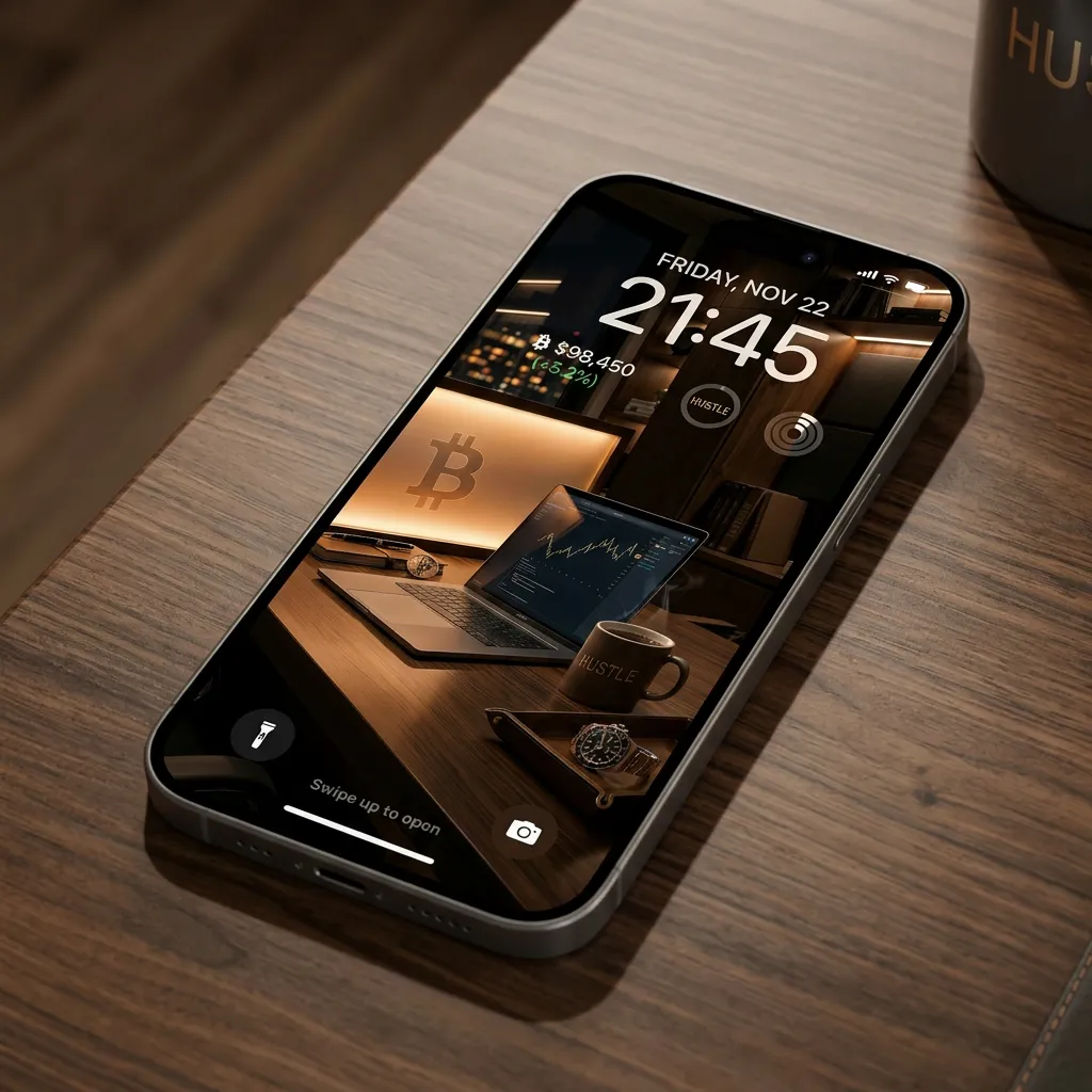 Finance iPhone wallpaper with bitcoin trading setup luxury desk workspace and night city view mockup two