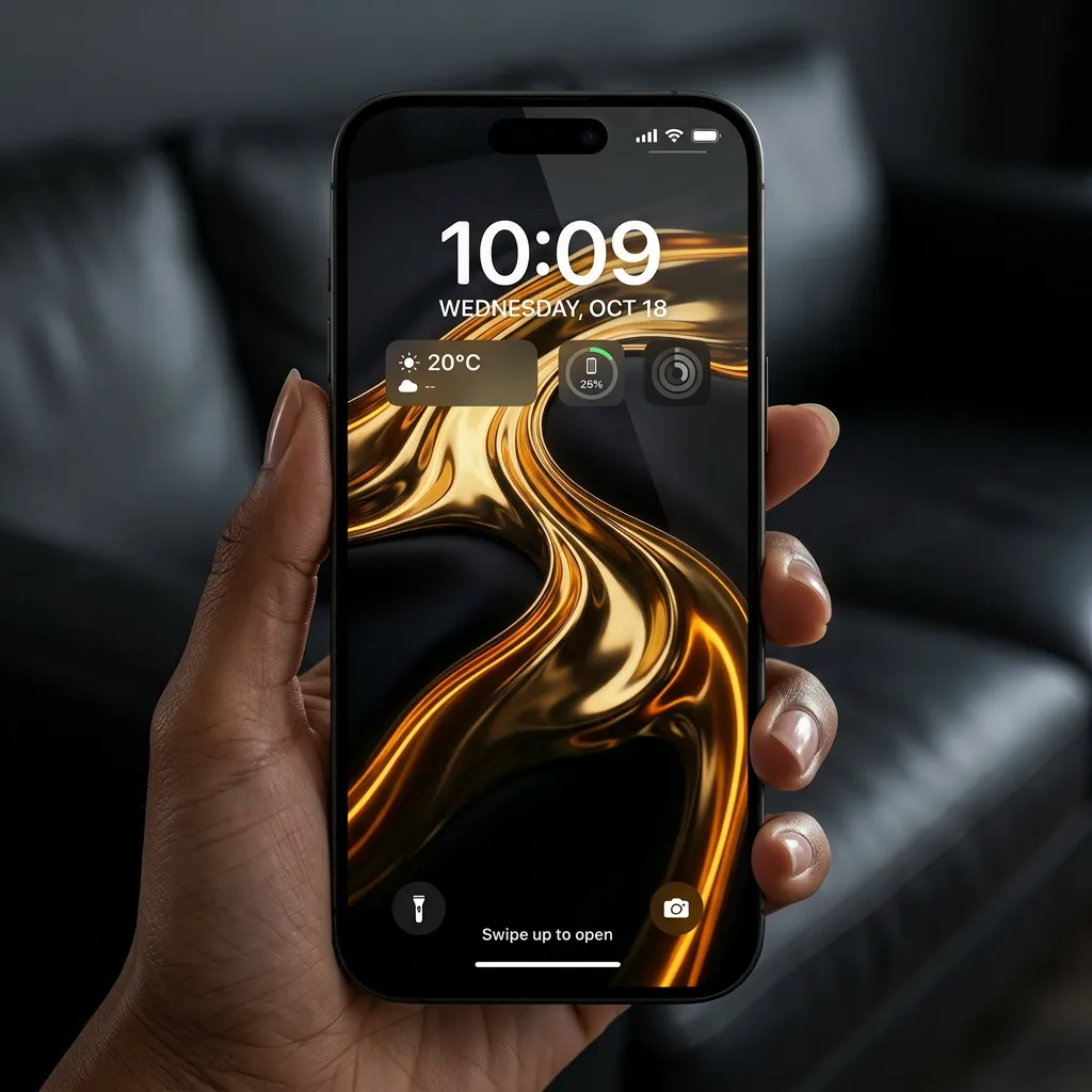 Finance iPhone wallpaper with liquid gold abstract design and dark premium look mockup one