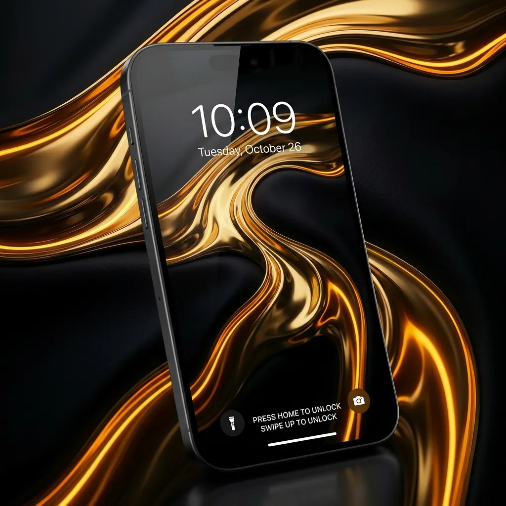 Finance iPhone wallpaper with liquid gold abstract design and dark premium look mockup two