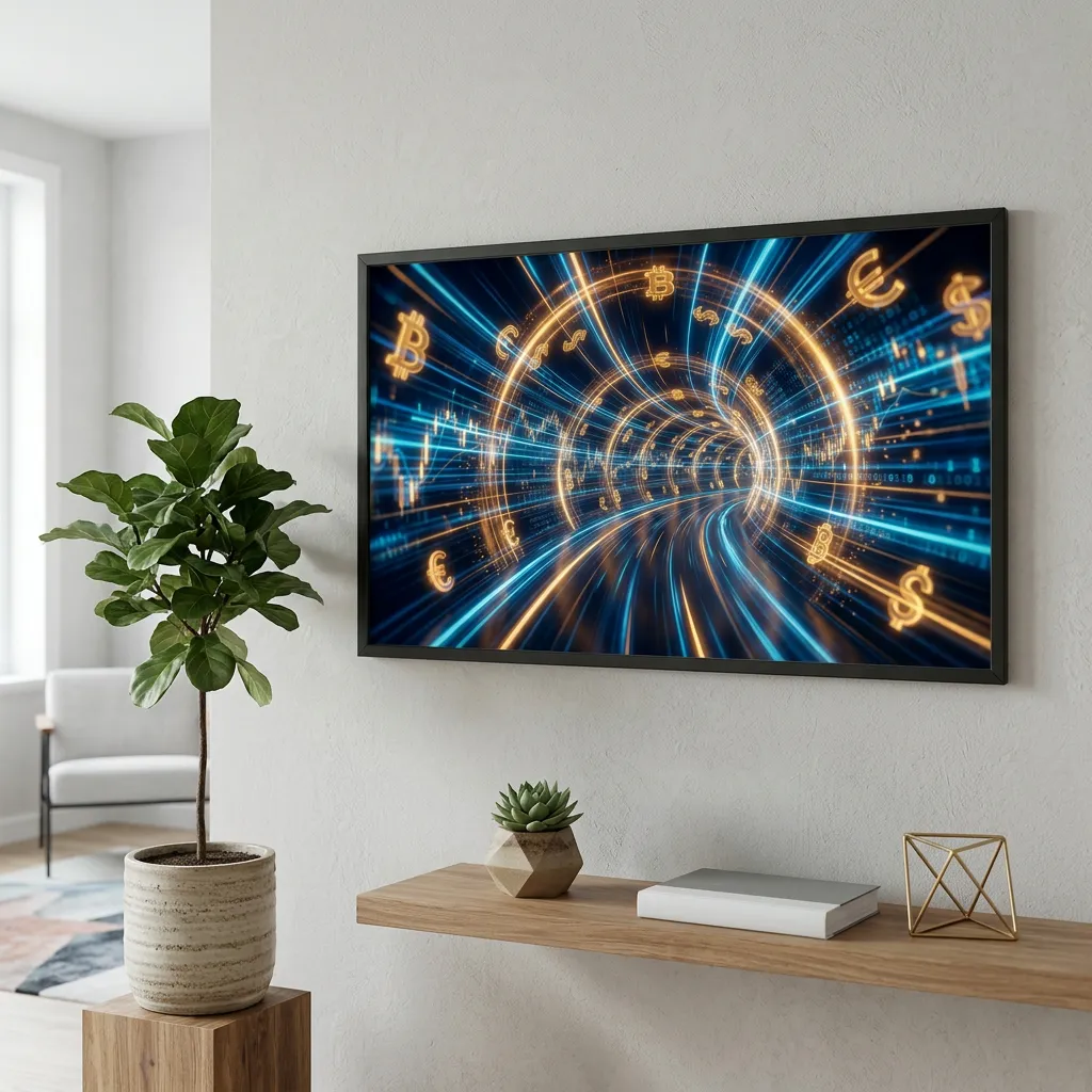 Finance wallpaper desktop with cryptocurrency tunnel and stock market data visualization mockup one