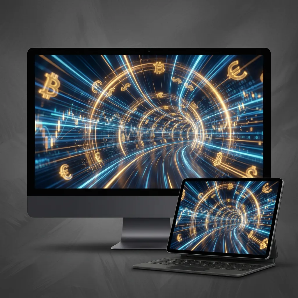 Finance wallpaper desktop with cryptocurrency tunnel and stock market data visualization mockup two