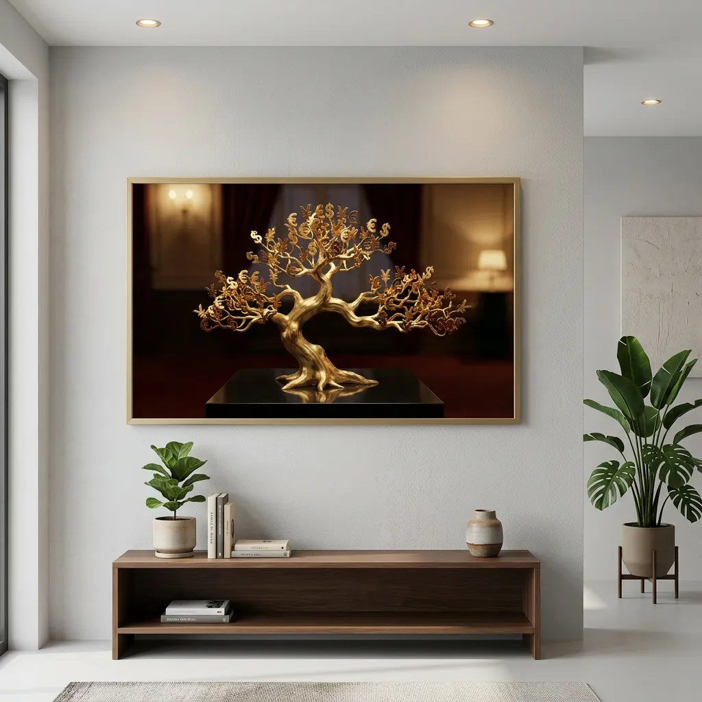 Finance wallpaper desktop with golden money tree and wealth building concept mockup one