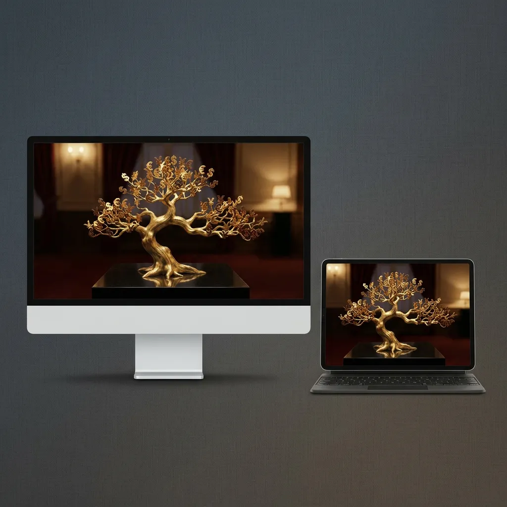 Finance wallpaper desktop with golden money tree and wealth building concept mockup two
