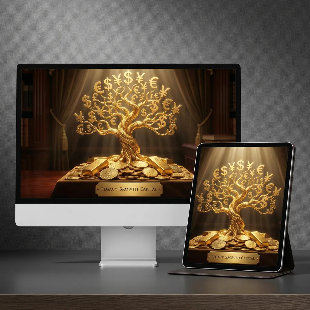 Finance wallpaper desktop with golden money tree and wealth growth concept mockup two