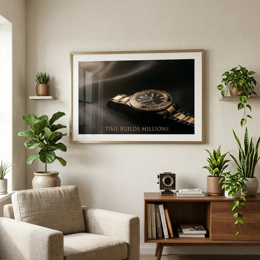 Finance wallpaper desktop with luxury watch and time builds millions theme mockup one