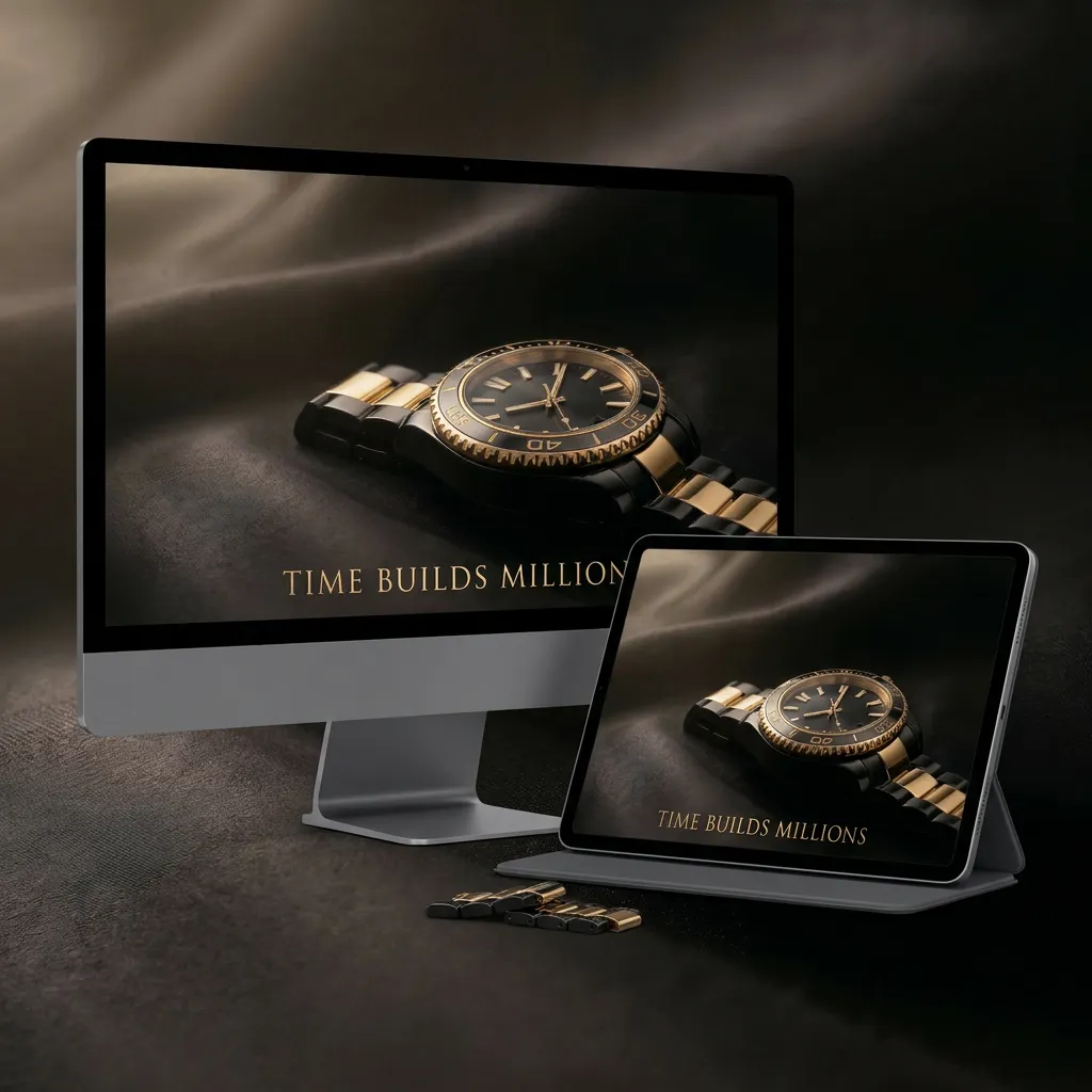 Finance wallpaper desktop with luxury watch and time builds millions theme mockup two