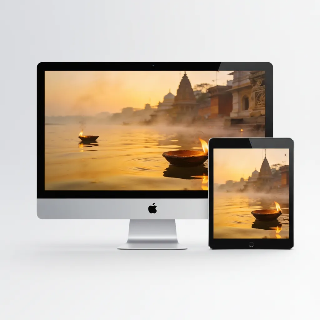 Floating Diya On River Ganga At Varanasi Sunrise Spiritual Desktop Wallpaper Sr06032617 Mockup One