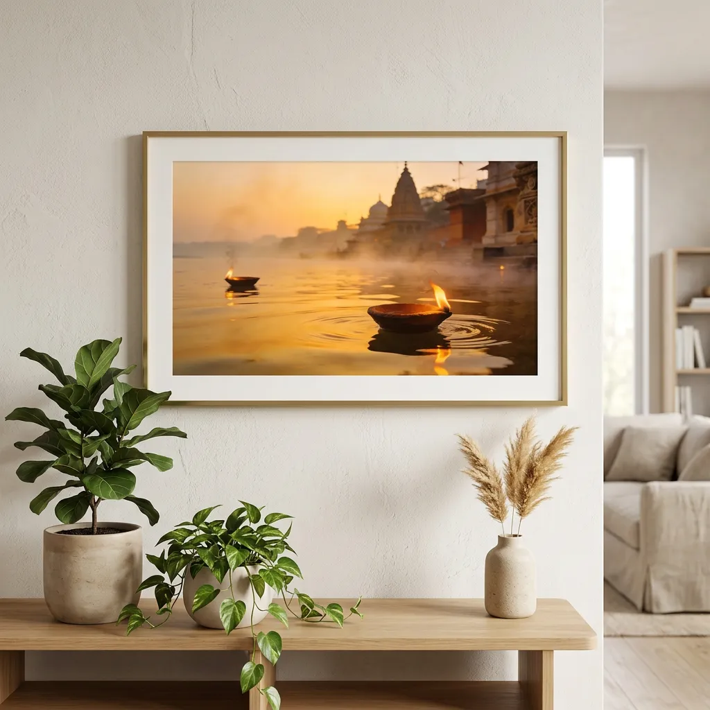Floating Diya On River Ganga At Varanasi Sunrise Spiritual Desktop Wallpaper Sr06032617 Mockup Two