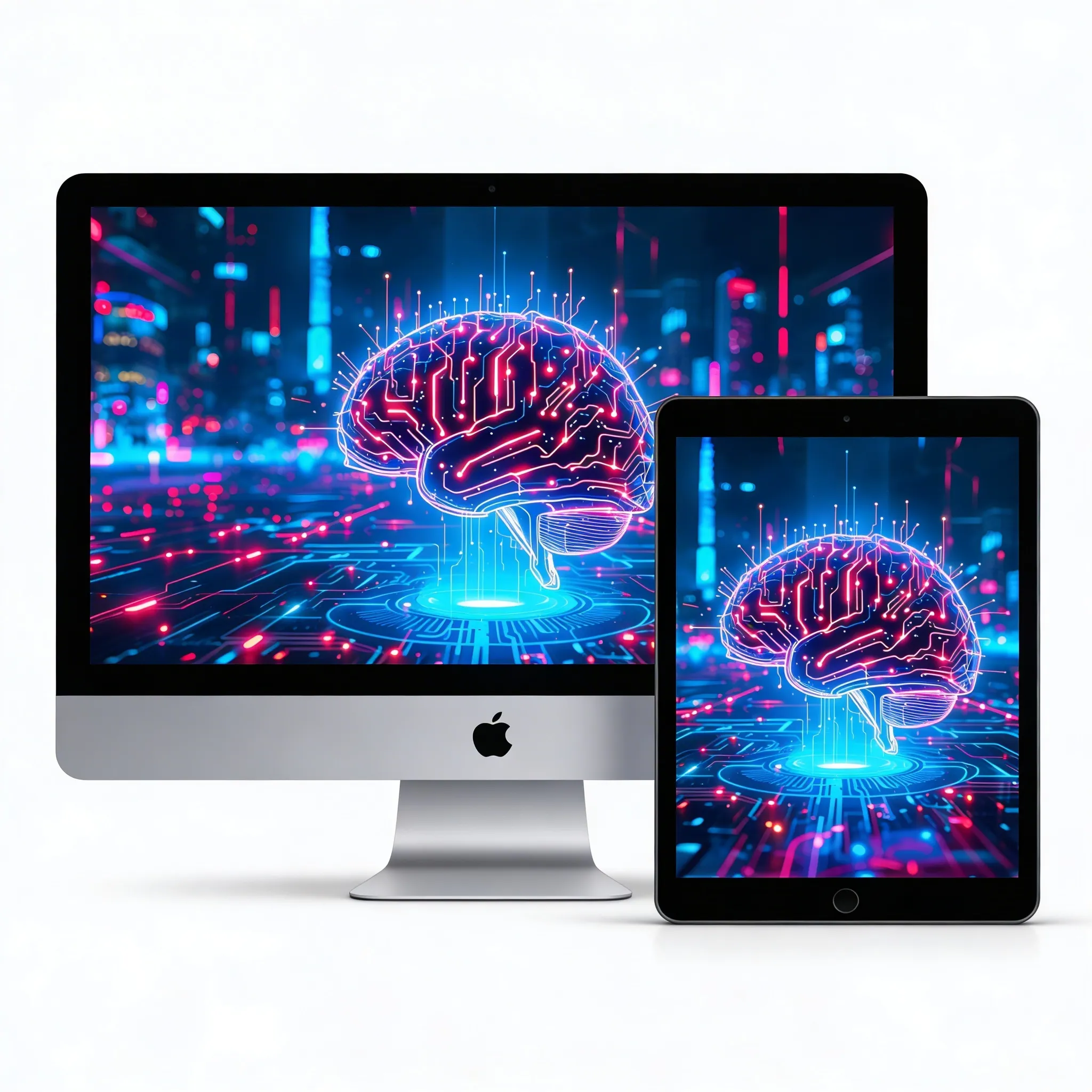 Futuristic Ai Brain Desktop Wallpaper With Neon Cyberpunk City Glow Sr24022616 Mockup One