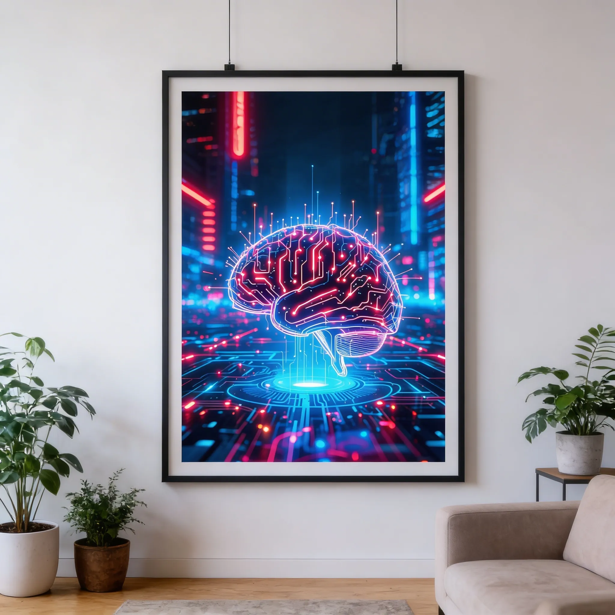 Futuristic Ai Brain Desktop Wallpaper With Neon Cyberpunk City Glow Sr24022616 Mockup Two
