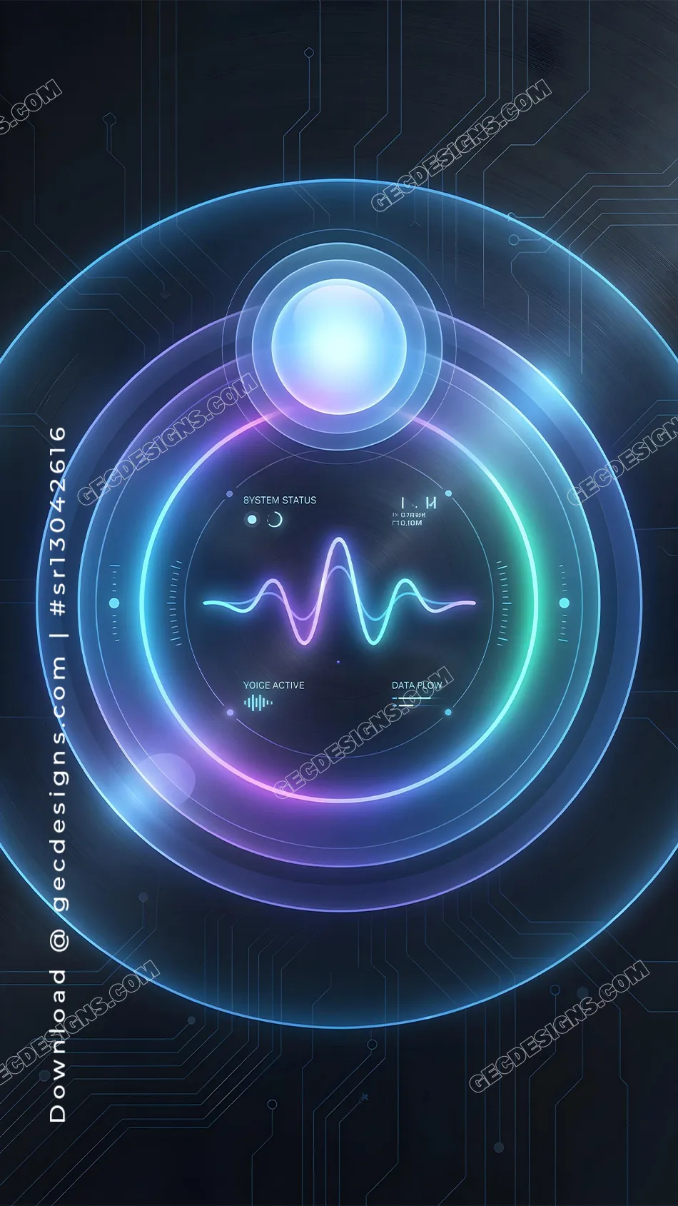 Futuristic AI Interface iPhone Wallpaper with Neon HUD Circles and Digital Voice Assistant Design