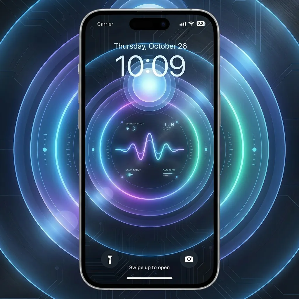 Futuristic ai interface iPhone wallpaper with neon hud circles and digital voice assistant design mockup one
