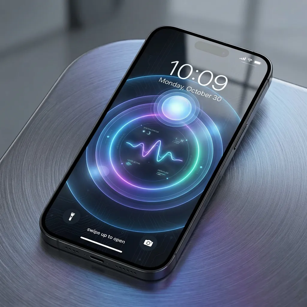 Futuristic ai interface iPhone wallpaper with neon hud circles and digital voice assistant design mockup two