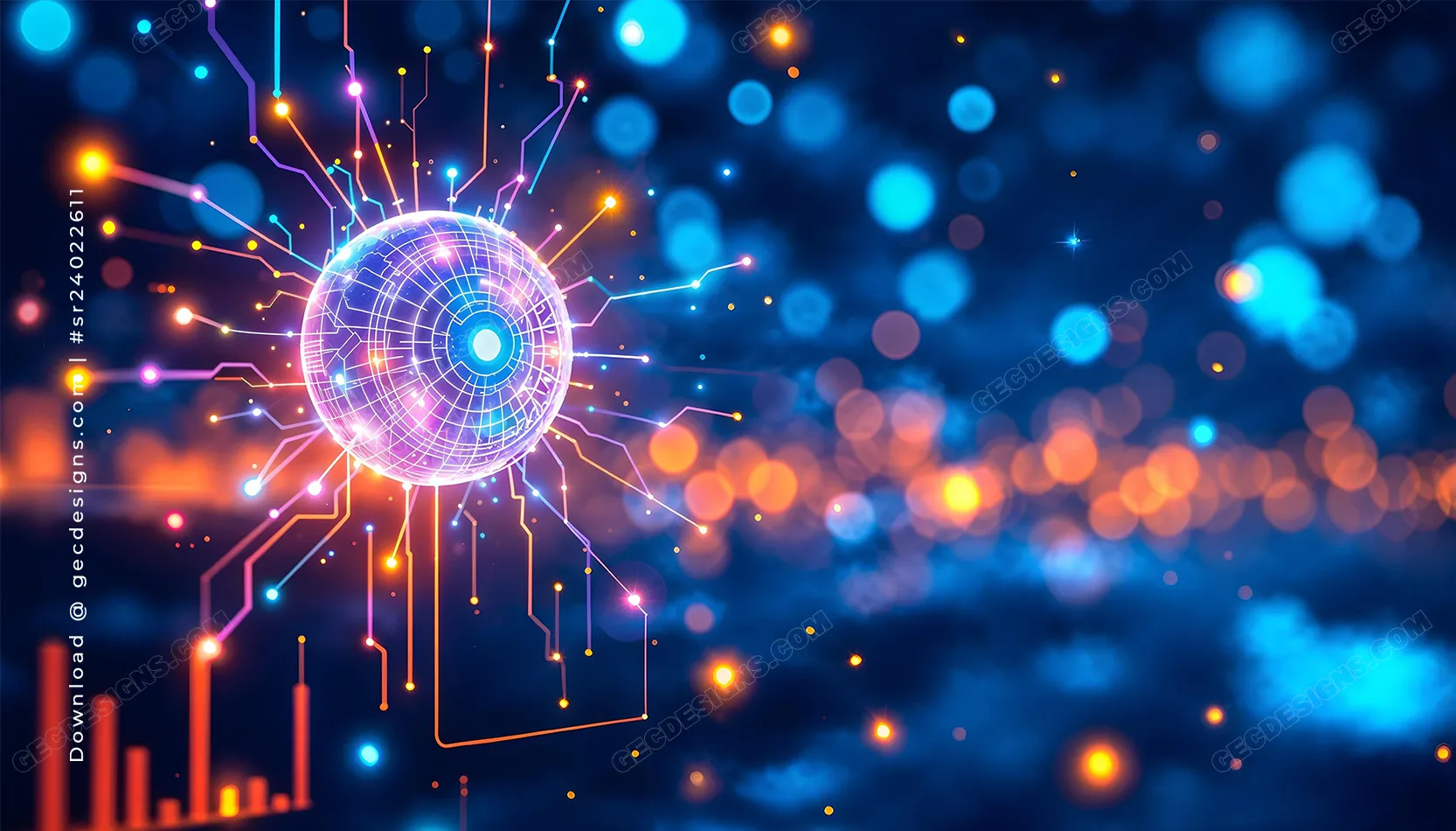 Futuristic AI Technology Desktop Wallpaper with Glowing Digital Sphere and Neon Data Flow