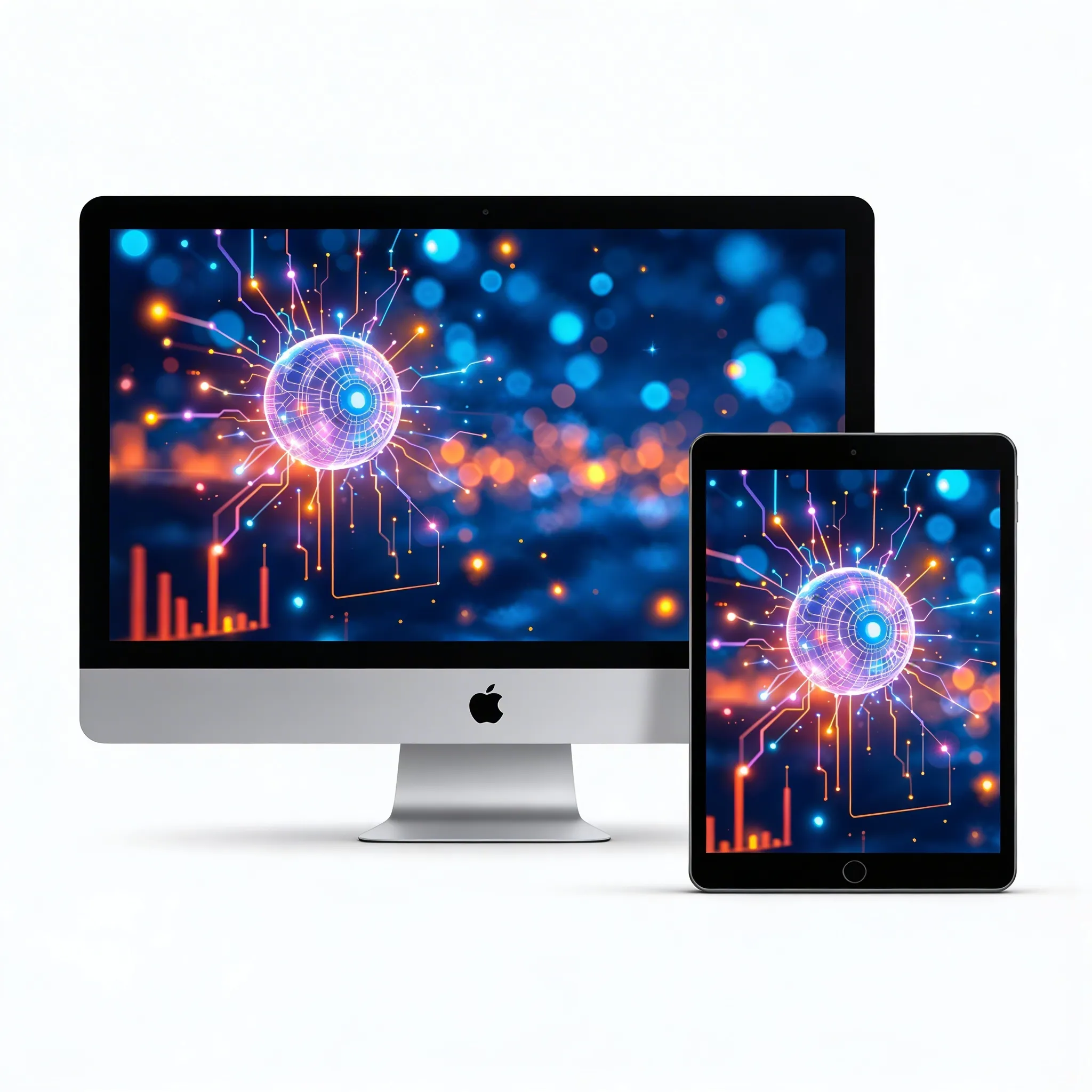 Futuristic Ai Technology Desktop Wallpaper With Glowing Digital Sphere And Neon Data Flow Sr24022611 Mockup One