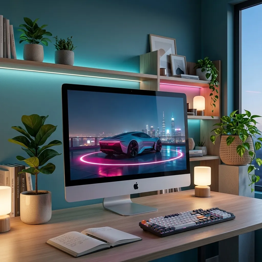 Futuristic car wallpaper with neon city view mockup one