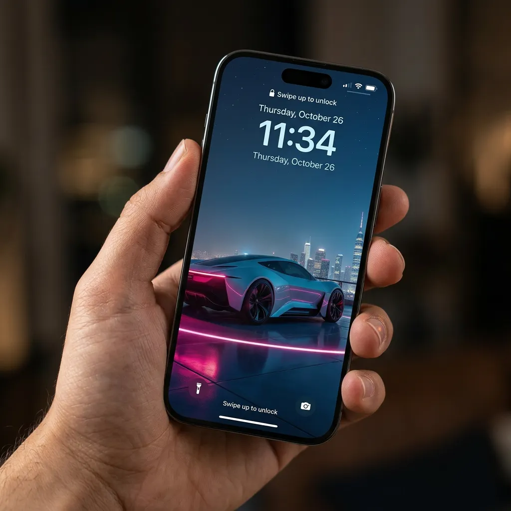Futuristic car wallpaper with neon city view mockup two