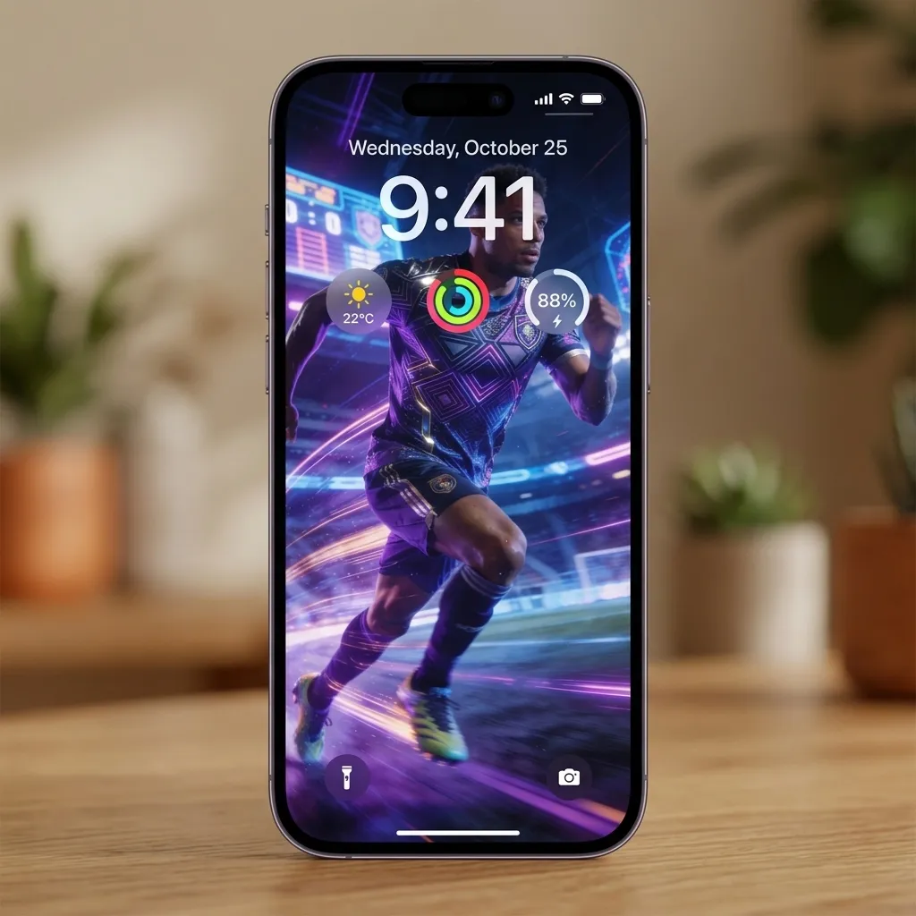 Futuristic football player iPhone wallpaper with neon motion mockup two