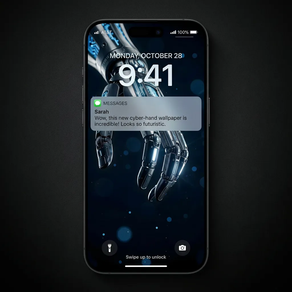 Futuristic robot hand iPhone wallpaper with ai technology and neon blue cyberpunk aesthetic mockup two